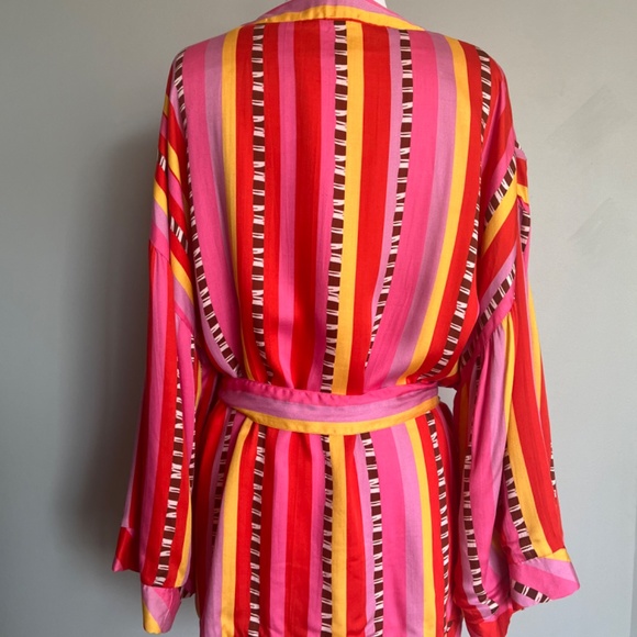 Farm Rio Lucy Parrot Stripe Tie Waist Embroidered Birds Cover Up Kimono Jacket - Picture 11 of 16